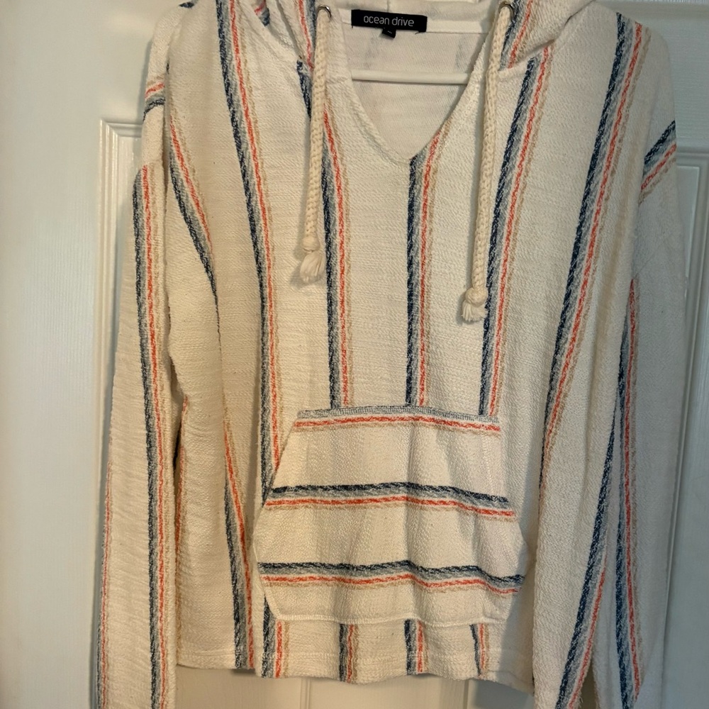 Ocean Drive Striped Cream Hoodie with Blue and Orange Accents